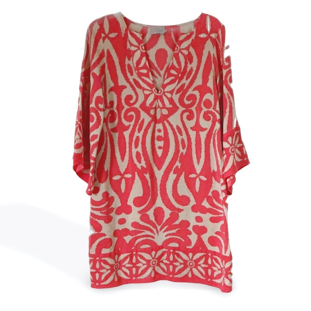 Alice & Trixie Silk Tunic Dress Medium Coral Orange Bell Sleeve Ikat Cover Up - Picture 2 of 15